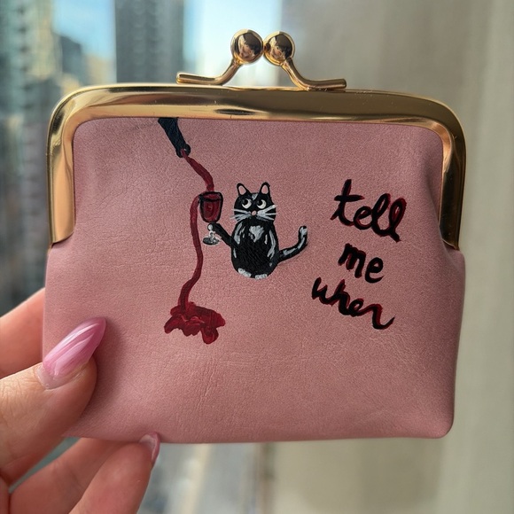 Accessories - Funny cat with wine hand painted coin purse